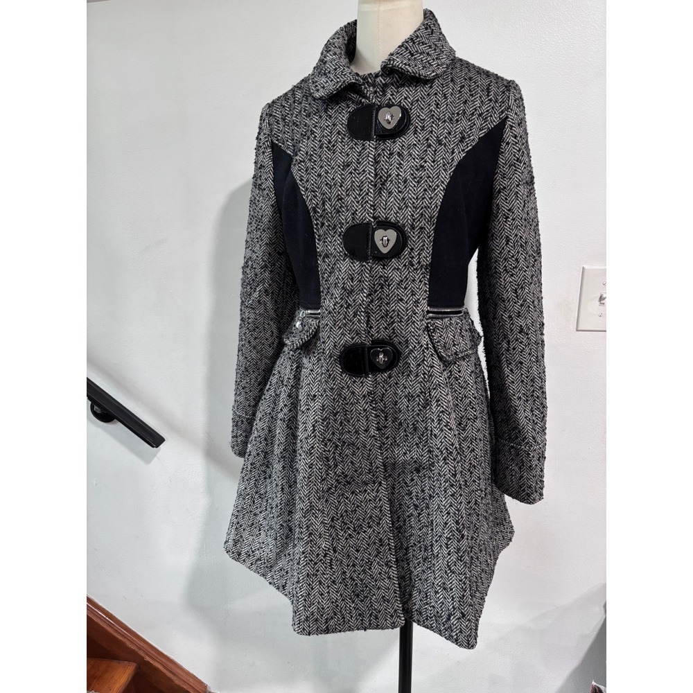 Betsey Johnson Herringbone Fit Flare Coat Heart Turn Lock Statement 6